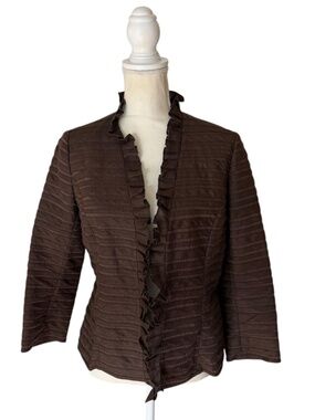 Lafayette 148 New York Brown Ruffle Open Front Cotton Linen Jacket Size 4